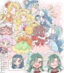  1boy 6+girls ahoge aqua_eyes blonde_hair blue_hair blush brooch brown_hair bun_cover choker closed_eyes crying cure_finale cure_spicy cure_yum-yum delicious_party_precure drill_hair fuwa_hatsuko fuwa_kokone green_eyes green_hair group_hug hair_over_one_eye hanamichi_ran heart heart_brooch heart_in_mouth highres hug jewelry kasai_amane magical_girl multiple_girls nagomi_yui precure purple_hair rosemary_(precure) secretoru_(precure) shortcake_p side_ponytail smile twin_drills two_side_up white_choker 