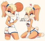  2022 absurd_res anthro ball barefoot basketball_(ball) blue_eyes bottomwear breasts buckteeth butt clothed clothing cremanata english_text eyelashes feet female fur gloves hand_on_hip handwear hi_res lagomorph leporid lola_bunny looney_tunes mammal monotone_clothing monotone_gloves monotone_handwear multicolored_bottomwear multicolored_clothing multicolored_shorts multicolored_topwear pink_tongue pose rabbit shorts teeth text tongue topwear two_tone_bottomwear two_tone_clothing two_tone_shorts warner_brothers white_bottomwear white_clothing white_gloves white_handwear white_shorts white_topwear 