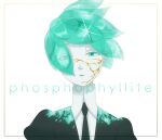  1other androgynous aqua_eyes aqua_hair black_necktie border character_name commentary_request cracked_skin exhausted floating_hair gem_uniform_(houseki_no_kuni) gold hair_over_one_eye half-closed_eyes highres houseki_no_kuni looking_at_viewer necktie other_focus parted_lips phosphophyllite portrait short_hair simple_background solo sparkle translucent_hair white_background yagi_hara 