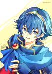 1boy armor atoatto blue_eyes blue_hair cape fingerless_gloves fire_emblem fire_emblem:_mystery_of_the_emblem fire_emblem_engage gloves jewelry looking_at_viewer male_focus marth_(fire_emblem) ring short_hair simple_background smile solo tiara 
