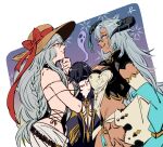  3girls bare_shoulders black_hair braid breast_press breasts dark-skinned_female dark_skin detached_sleeves fang fediel_(granblue_fantasy) granblue_fantasy grey_hair hands_on_hips hat height_difference highres horns large_breasts lich_(granblue_fantasy) long_hair looking_at_another magisa_(granblue_fantasy) magisa_(summer)_granblue_fantasy multiple_girls purple_eyes rani_grb shaded_face sun_hat 