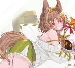  1girl arknights bangs beanstalk_(arknights) blush braid brown_hair fang hyena_ears hyena_tail kochiya_(gothope) long_hair long_sleeves looking_at_viewer lying off-shoulder_sweater off_shoulder on_stomach red_eyes skin_fang solo sweater 