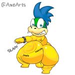  1:1 anthro axoarts balls big_butt blue_eyes blue_hair bracelet butt butt_slap digital_media_(artwork) genitals hair jewelry koopa koopaling larry_koopa looking_at_viewer male mario_bros nintendo onomatopoeia rear_view scales scalie sharp_teeth simple_background slap slapping_own_butt slapping_self solo sound_effects spiked_bracelet spikes teasing teeth text thick_thighs white_background yellow_body yellow_scales 