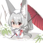  1girl animal_ear_fluff animal_ears bangs barefoot blush chibi commentary_request fox_ears fox_girl fox_tail full_body grey_hair hair_between_eyes highres holding holding_umbrella japanese_clothes kimono long_hair long_sleeves looking_at_viewer nose_blush obi oil-paper_umbrella original parted_lips plant ponytail red_eyes red_umbrella sash snow_on_head solo tail umbrella very_long_hair white_background white_kimono wide_sleeves yuuji_(yukimimi) 