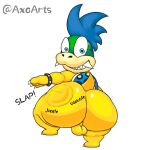  1:1 anthro axoarts balls big_butt blue_eyes blue_hair bracelet butt butt_slap digital_media_(artwork) genitals hair jewelry koopa koopaling larry_koopa looking_at_viewer male mario_bros nintendo onomatopoeia rear_view scales scalie sharp_teeth shell simple_background slap slapping_own_butt slapping_self solo sound_effects spiked_bracelet spiked_shell spikes spikes_(anatomy) teasing teeth text thick_thighs white_background yellow_body yellow_scales 