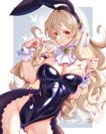  1girl animal_ear_headwear animal_ears artist_name bangs bare_shoulders black_leotard blonde_hair breasts cleavage closed_mouth commentary_request corrin_(female)_(fire_emblem) corrin_(fire_emblem) detached_collar fake_animal_ears fire_emblem fire_emblem_fates frills hair_between_eyes highres karashino leotard long_hair nail_polish playboy_bunny pointy_ears rabbit_ears red_eyes red_nails signature solo strapless strapless_leotard wavy_hair wrist_cuffs 