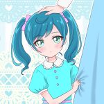  1girl aged_down ahoge aqua_eyes bangs blue_dress blue_hair blush collar collared_dress delicious_party_precure dress frilled_collar frills fuwa_kokone headpat long_hair moro_precure precure solo swept_bangs twintails 