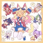  3boys 4girls animal_ear_fluff ao_(disgaea) arms_up blonde_hair blue_hair blush border breasts brown_hair chibi cleavage closed_eyes dark-skinned_female dark_skin disgaea dress eyewear_on_head fang fox_girl fox_tail fuji_(disgaea) full_body green_eyes green_hair harada_takehito higan_zesshousai horns jumping long_hair makai_senki_disgaea_7 multicolored_hair multiple_boys multiple_girls neckerchief open_mouth pink_eyes pink_hair piririka_(disgaea) prinny purple_eyes purple_hair red_hair release_date sailor_dress seefour_(disgaea) simple_background smile suisen_(disgaea) sunglasses tail two-tone_hair weiyasu zettai_ryouiki 