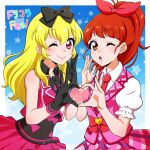  ;) aikatsu! aikatsu!_(series) belt black_bow black_gloves blonde_hair bow brown_eyes double_finger_heart gloves hair_bow haruki_(aikatsudd) harune_aira high_ponytail highres hoshimiya_ichigo idol long_hair one_eye_closed open_mouth pretty_(series) pretty_rhythm pretty_rhythm_aurora_dream red_bow red_eyes red_hair smile 