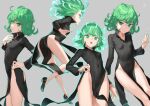  absurdres ass bangs black_dress breasts closed_mouth collared_dress curly_hair dress flipped_hair glowing green_eyes green_hair hand_on_hip highres kawakami_rokkaku long_sleeves one-punch_man open_mouth petite short_hair side_slit small_breasts smile tatsumaki 