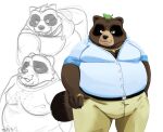  2023 anthro belly big_belly bottomwear brown_body canid canine clothing hi_res leaf male mammal mature_male moobs multiple_poses nipples nobodyshouse overweight overweight_male pants pose raccoon_dog shirt solo tanuki topwear 