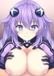  1boy 1girl absurdres bangs black_bodysuit blue_eyes blush bodysuit braid breasts breasts_out censored commission hetero highres large_breasts long_hair looking_at_viewer mosaic_censoring neptune_(series) nipples open_mouth paizuri penis perapera pov purple_bodysuit purple_hair purple_heart sidelocks skeb_commission smile solo_focus twin_braids two-tone_bodysuit very_long_hair 