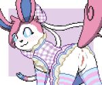  2023 6:5 :3 anus blush border butt checkered_style_sylveon clothed clothed_feral clothing digital_media_(artwork) dizzy_(goldenautilus) dress eeveelution female feral footwear generation_6_pokemon genitals holowear_(pokemon) legwear looking_at_viewer looking_back mammal nintendo pattern_clothing pattern_footwear pattern_legwear pattern_socks pixel_(artwork) pokemon pokemon_(species) pokemon_unite presenting presenting_hindquarters presenting_pussy pussy simple_background socks solo striped_clothing striped_footwear striped_socks stripes sylveon tail white_border zabozamojo 