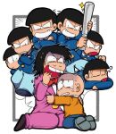  angry baseball_bat blue_shirt bow bowtie buttons chibita clenched_hand crossed_arms evil_grin evil_smile grin heart heart_in_mouth holding holding_baseball_bat hug iyami male_child matsuno_choromatsu matsuno_ichimatsu matsuno_jyushimatsu matsuno_karamatsu matsuno_osomatsu matsuno_todomatsu orange_shirt osomatsu-kun red_bow red_bowtie sextuplets shirt sleep_bubble sleeping smile tearing_up tsubuta_hiro turn_pale 