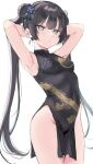  1girl armpits arms_behind_head black_dress black_hair blue_archive breasts butterfly_hair_ornament china_dress chinese_clothes covered_navel double_bun dress grey_eyes groin hair_bun hair_ornament highres kisaki_(blue_archive) long_hair small_breasts solo takio_(kani_sama) twintails wide_hips 