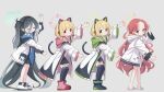  4girls absurdly_long_hair absurdres animal_ear_headphones animal_ears aris_(blue_archive) atat250 bangs black_hair black_hairband blonde_hair blue_archive blue_eyes blue_hair blue_necktie bow braid cat_ear_headphones cat_tail collared_shirt dancing dark_blue_hair fake_animal_ears forehead green_eyes hair_bow hair_spread_out hairband halo headphones highres hood hooded_jacket id_card jacket king_gainer_over! long_hair midori_(blue_archive) momoi_(blue_archive) multicolored_clothes multicolored_jacket multiple_girls necktie one_side_up overman_king_gainer parody parted_bangs pink_eyes pleated_skirt red_hair sandals shirt skirt tail thighhighs very_long_hair white_jacket wide_sleeves yuzu_(blue_archive) 