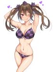  1girl :q absurdres amagi_(amagi626) armpits arms_up bangs bikini blush breasts brown_hair cleavage closed_mouth hair_ornament highres himekaidou_hatate large_breasts long_hair looking_at_viewer navel one_eye_closed purple_bikini purple_eyes simple_background smile solo swimsuit thighs tongue tongue_out touhou twintails white_background 