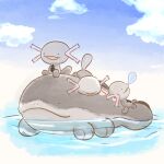  absurdres clodsire closed_eyes commentary floating highres imasogari medium_request nameko_face_(osawari_tantei) no_humans nose_bubble outdoors paldean_wooper pokemon riding riding_pokemon sky sleeping water 