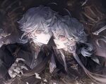  2boys ahoge bishounen blue_eyes bone braid face-to-face french_braid gongxiang_zhuangbei_chu grey_hair hair_over_shoulder half_updo heterochromia highres jewelry long_hair male_focus multiple_boys multiple_rings original pale_skin red_eyes ring siblings solo twins upper_body white_hair 