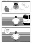  2023 anthro beard big_muscles broad_shoulders bus butt clothed clothing comic commercial_vehicle deadanthro dialogue english_text equid facial_hair generation_7_pokemon gesture hi_res male mammal mature_male monochrome motion_lines mudsdale muscular muscular_male nintendo outside pokemon pokemon_(species) public_transportation rear_view shirt smile solo speech_bubble tail text topwear tucker_(deadanthro) vehicle vehicle_for_hire waving 
