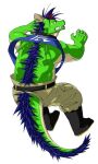  2015 accessory anthro asian_mythology belt blue_clothing blue_mane blue_topwear blue_vest bottomwear clothing colored countershade_face countershade_torso countershading dragon east_asian_mythology eastern_dragon green_body green_skin headband horn kotobuki529 male mane morenatsu muscular muscular_anthro muscular_male mythology rear_view red_headband sharp_teeth shorts simple_background small_wings solo tail_mane tan_body tan_skin tatsuki_(morenatsu) teeth topwear vest white_background wings 