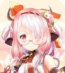 1girl animal_collar animal_ears bangs bell black_collar bow braid breasts cherry_blossoms collar commentary_request cow_ears cow_girl cow_horns cowbell crown_braid detached_sleeves flower glasses hair_bow hair_flower hair_ornament hair_over_one_eye hair_over_shoulder hairband highres horns japanese_clothes kiryuu_takahisa kojitsunagi_(pattern) large_breasts light_blush long_hair looking_at_viewer original parted_lips pink_eyes pink_hair purple-framed_eyewear red_bow red_hairband semi-rimless_eyewear shirt sidelocks sleeveless sleeveless_shirt solo under-rim_eyewear white_shirt 