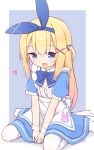  1girl :d apron ayanepuna between_legs blonde_hair blue_bow blue_dress blue_eyes blue_hairband blue_ribbon blush bow commentary_request dress grey_background hair_ornament hair_ribbon hairband hairclip hand_between_legs heart highres long_hair looking_at_viewer no_shoes one_side_up original puffy_short_sleeves puffy_sleeves ribbon shadow short_sleeves sitting smile solo thighhighs two-tone_background very_long_hair wariza white_apron white_background white_thighhighs wrist_cuffs x_hair_ornament 