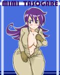  annoyed blush bodysuit breasts curvy duel_masters gloves highres hippo_x2 large_breasts looking_to_the_side midriff_peek navel purple_eyes purple_hair tasogare_mimi thick_thighs thighs unzipped wide_hips 