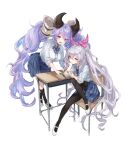  2girls absurdres animal_ears bangs black_pantyhose black_thighhighs blacktail_hihi blue_skirt blush breasts brown_eyes chair collared_shirt desk dress_shirt granblue_fantasy grey_hair highres large_breasts light_purple_hair long_hair long_sleeves looking_at_viewer low_twintails medusa_(shingeki_no_bahamut) multiple_girls open_mouth pantyhose pointy_ears ponytail purple_eyes satyr_(granblue_fantasy) shirt skirt small_breasts smile thighhighs twintails very_long_hair white_background white_shirt 