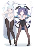  2girls alternate_costume animal_ears bangs between_breasts black_footwear black_leotard black_pantyhose blue_archive breasts cleavage collarbone commentary_request detached_collar fake_animal_ears finger_to_mouth full_body grey_hair high_heels highres hoshino_ouka index_finger_raised jacket large_breasts leotard long_hair long_sleeves looking_at_viewer multiple_girls necktie necktie_between_breasts noa_(blue_archive) off_shoulder one_eye_closed open_clothes open_jacket open_mouth pantyhose parted_bangs playboy_bunny purple_eyes purple_hair rabbit_ears sensei_(blue_archive) shushing sidelocks simple_background strapless strapless_leotard thighband_pantyhose translation_request two-sided_fabric two-sided_jacket two_side_up very_long_hair white_background white_jacket white_leotard wrist_cuffs yuuka_(blue_archive) 