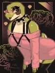  3:4 amphibian anthro bent_over black_eyeshadow blep breasts clothed clothing collar eyelids eyeshadow female frog green_body green_skin harness heart_glasses hi_res latex_stockings makeup reksukoy short_tail solo spiked_collar spikes sweater tail tongue tongue_out topwear tree_frog 