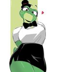  &lt;3 absurd_res amphibian anthro bottomwear bow_tie breasts clothed clothing female frog fully_clothed green_body green_skin hands_behind_back hat headgear headwear hi_res looking_at_viewer reksukoy shirt skirt solo top_hat topwear 
