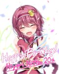  1girl azuki_nagamitsu_(tenka_hyakken) bare_shoulders blush chobipero closed_eyes collar confetti facing_viewer hairband happy_birthday open_mouth outstretched_arms party_popper purple_hair short_hair sleeveless smile tenka_hyakken voice_actor white_collar 