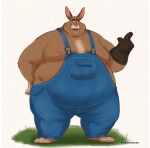  2023 anthro belly big_belly brown_body clothing hi_res humanoid_hands lagomorph leporid male mammal moobs nipples obese obese_male overalls overweight overweight_male rabbit shibadoodles solo 