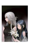  2girls bare_shoulders beads black_background black_hair blue_eyes breasts circlet closed_mouth flower ginxiee glasses green_eyes grey_hair hair_beads hair_bun hair_flower hair_ornament half_updo hands_up highres holding holding_flower lily_(flower) long_hair looking_at_viewer looking_away looking_to_the_side mole mole_under_mouth multiple_girls off_shoulder original profile single_hair_bun sleeveless smile upper_body white_flower yellow_eyes 