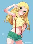  1girl aqua_background bangs bare_arms blonde_hair blush braid closed_mouth commentary_request cosplay cowboy_shot eyelashes green_eyes green_shorts hand_up highres kinocopro lillie_(pokemon) long_hair misty_(pokemon) misty_(pokemon)_(cosplay) navel pokemon pokemon_(anime) pokemon_sm_(anime) shirt short_shorts shorts sleeveless sleeveless_shirt solo suspenders twin_braids twitter_username v watermark yellow_shirt 