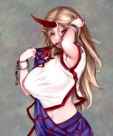  1girl arm_up armpits biting blonde_hair breasts chain cuffs fang gengoroumaru_(ambidextrous) grey_background half-closed_eyes highres horns hoshiguma_yuugi huge_breasts long_hair looking_at_viewer midriff navel red_eyes shackles shirt single_horn skirt slit_pupils solo teeth touhou 