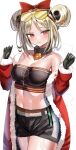  1girl absurdres bare_shoulders black_gloves black_shorts blonde_hair bow breasts cleavage closed_mouth coat collarbone double_bun eyewear_on_head girls&#039;_frontline gloves hair_bow hair_bun hair_ornament hanasaka_houcha hands_up highres large_breasts looking_at_viewer navel off_shoulder p90_(girls&#039;_frontline) pink_eyes red_bow red_coat short_shorts shorts simple_background smile solo white_background 