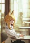  1girl animal_ear_fluff animal_ears bangs blonde_hair closed_mouth coffee commentary_request cup curtains fox_ears fox_girl highres indoors long_sleeves looking_at_viewer mug nito_(nshtntr) original shirt short_hair_with_long_locks sitting solo steam table white_shirt window yellow_eyes 