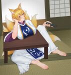  1girl animal_ears barefoot blonde_hair blush breast_rest breasts breasts_on_table chinese_commentary closed_mouth commentary_request controller dress elbow_rest feet fingernails fox_ears fox_girl fox_tail full_body hair_between_eyes head_rest highres holding holding_remote_control indoors large_breasts looking_at_viewer multiple_tails no_headwear open_door remote_control short_hair sitting sliding_doors slit_pupils smile solo spread_legs tabard table tail tatami toenails toes touhou under_table wd1113 white_dress wide_sleeves yakumo_ran yellow_eyes 