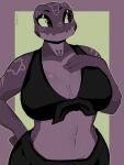  3:4 amphibian anthro big_breasts bottomwear bra breasts clothed clothing female frog grey_body grey_skin hand_on_hip hi_res looking_aside midriff non-mammal_breasts pinup pose reksukoy solo underwear 