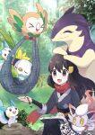  &gt;_&lt; 1girl :d akari_(pokemon) bangs black_hair black_sash black_shirt book commentary_request day eyelashes grey_eyes grey_jacket grey_skirt hair_ornament hairclip haru_(haruxxe) highres hisuian_typhlosion hisuian_zorua jacket long_hair open_mouth oshawott outdoors pachirisu pokemon pokemon_(creature) pokemon_(game) pokemon_legends:_arceus red_scarf rowlet sash scarf shirt sitting skirt smile tongue 