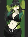  3:4 amphibian anthro bangs belt black_hair bottomwear bra breasts cleavage clothed clothing female frog green_body green_eyes green_skin hair hands_behind_back heart_(marking) hi_res looking_at_viewer midriff pants reksukoy solo standing thong_straps tongue tongue_out underwear 
