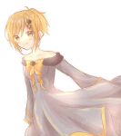  1girl aku_no_musume_(vocaloid) aquamarinu bare_shoulders blonde_hair blush bow breasts collarbone dress dress_bow evillious_nendaiki flower grey_dress hair_flower hair_ornament highres kagamine_rin long_sleeves riliane_lucifen_d&#039;autriche short_ponytail sketch small_breasts solo strapless strapless_dress vocaloid wavy_mouth wide_sleeves yellow_bow yellow_eyes 