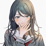  1girl bangs black_hair blue_eyes blush closed_mouth commentary_request grey_background hand_on_own_face hoshino_ichika iwawa long_hair long_sleeves miyamasuzaka_girls&#039;_academy_school_uniform neck_ribbon project_sekai red_ribbon ribbon sailor_collar school_uniform simple_background solo 