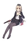  :q blonde_hair bra earrings hat jewelry kashiwamochi_yomogi katana licking_lips lingerie long_hair open_clothes open_shirt original pantyhose pencil_skirt red_eyes sheath sheathed shirt shoes single_shoe sitting skirt solo stewardess sword tongue tongue_out underwear uniform weapon 