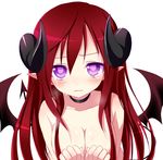  breasts cleavage demon_girl horns kuu_(0427) large_breasts long_hair nude original pointy_ears purple_eyes red_hair solo succubus tail tears wings 