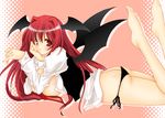  ass bad_feet barefoot bat_wings blush breasts head_wings koakuma long_hair looking_at_viewer medium_breasts panties red_eyes red_hair side-tie_panties smile solo take_toshiaki touhou underwear wings 