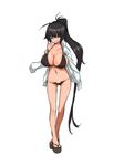  bikini black_hair blue_eyes breasts cleavage huge_breasts legs long_hair midriff navel open_clothes open_shirt original ponytail pumps rokuichi shirt solo swimsuit very_long_hair 