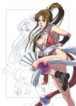  breasts brown_eyes brown_hair cleavage fatal_fury homare_(fool's_art) japanese_clothes large_breasts long_hair panties pelvic_curtain ponytail revealing_clothes shiranui_mai solo the_king_of_fighters underwear weapon 